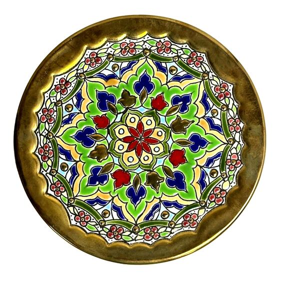 Vibrant Painted Enamel 6" Ceramic Plate Medina Perez Spain Gold Accents Gold Rim - Picture 1 of 5